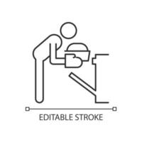 Lineares Symbol backen. person, die backblech mit teig in den ofen legt. abendessen zu hause zubereiten. dünne linie anpassbare illustration. Kontursymbol. Vektor isoliert Umrisszeichnung. editierbarer Strich