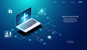 abstraktes Laptop-Gesundheits- und Symbol-Gesundheitskonzept, das Benutzern Online-Beratung und medizinische Beratung bietet. vektor