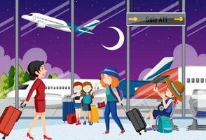 Flughafenterminal mit Touristen und Flugzeugbesatzungen vektor