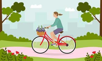 frau, die fahrrad im park fährt. das konzept eines aktiven lebensstils, outdoor-aktivitäten vektor