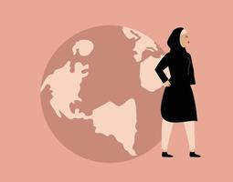 feministische arabische Frau aus dem Nahen Osten steht neben der Weltkugel und sieht selbstbewusst aus. glücklicher internationaler aktivisten- und feminismustag. Frauenförderung, Umweltschutz oder Tag der Rettung der Erde vektor