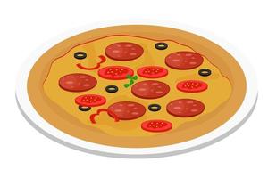 rund pizza på tallrik med tomat, oliver, salami isolerad på vit bakgrund. italiensk mat, snabbmat. vektor