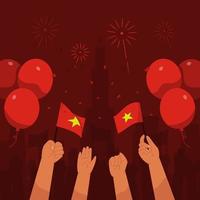 vietnam självständighetsdagen bakgrund med händer viftande flagga ballonger och fyrverkerier i platt design vektor