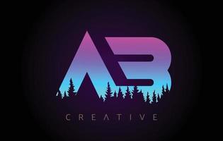 ab bokstäver logotyp design med lila blå färger och tallskog träd koncept vektor ikon