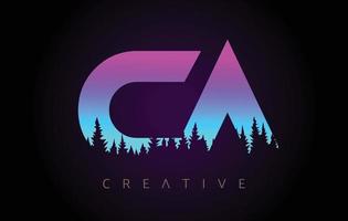 ca-Buchstaben-Logo-Design mit lila blauen Farben und Kiefernwaldbäumen Konzeptvektorsymbol vektor