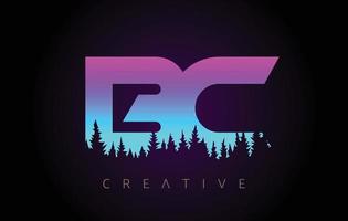 bc-Buchstaben-Logo-Design mit lila blauen Farben und Kiefernwaldbäumen Konzeptvektorsymbol vektor