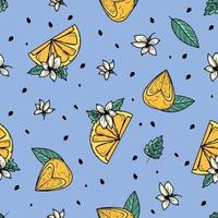 schöner und farbenfroher Stil von gelben Sommerfrüchten und Blättern mit schwarzen Linien, nahtloser Mustervektor. design für mode, stoffe, textilien, tapeten, cover, web, verpackungen und alle drucke vektor