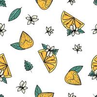 schöner und farbenfroher Stil von gelben Sommerfrüchten und Blättern mit schwarzen Linien, nahtloser Mustervektor. design für mode, stoffe, textilien, tapeten, cover, web, verpackungen und alle drucke vektor