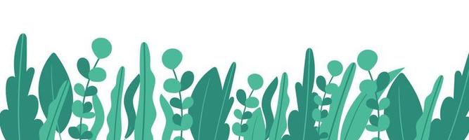 Pflanzen minimalistisches Vektorbanner. hand gezeichnete blumen, gras, zweige, blätter auf einem weißen hintergrund. grünes einfaches horizontales Muster. einfacher flacher Stil. Alle Elemente sind isoliert und editierbar vektor