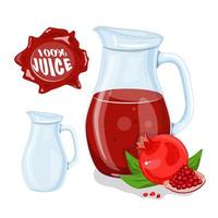 glaskanna med naturlig juice. moget granatäpple. juice ram. vektor illustration.