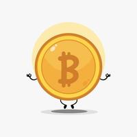 söt bitcoin-myntkaraktär som mediterar i yogaställning vektor