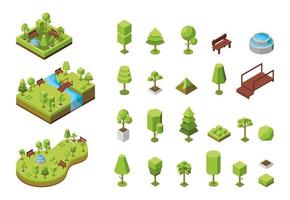 vektor isometrische illustration. konzept eines ökologischen parks, erholungsgebiete mit einem brunnen. Naturlandschaft, Umwelt. landschaftlich gestaltetes Naturschutzgebiet, Wald, Wäldchen. Bäume isometrische 3D-Symbole