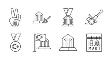 Modernes Canakkale-Märtyrerdenkmal, Kanonenrakete, türkische Flagge, Medaille usw. Icon-Set. 8er-set für den tag des 18. märz. lineare und farbenfrohe fertige vorlage. weißer Hintergrund des einfachen linearen Vektors vektor