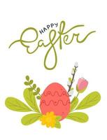 Postkartenplakat für die fröhlichen Osterfeiertage mit Eiern, Blumen, Weiden und anderen Attributen. Vektor-Illustration in einem flachen Stil isoliert auf weißem Hintergrund vektor