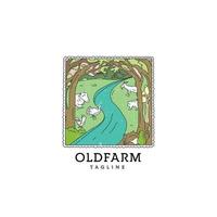 Vintage-Farm-Logo-Konzept mit Landschaft auf Briefmarke. Tierfarm-Logo-Konzept mit alten Vibes vektor