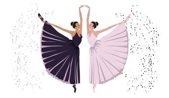 Illustration, ein Paar tanzende Ballerinas in einer eleganten Pose auf einem abstrakten Hintergrund. Poster für Tanzunterricht, Texthintergrund