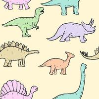 sömlösa mönster av handritad vektor doodle dinosaurie illustration. tecknad dinosaurie för, affischdesign, t-shirttryck, webb, bakgrund.