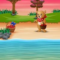 tecknad björn med en korg med rött hjärta på stranden vektor