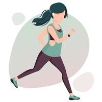 ung vacker flicka kör i sportkläder med öronproppar och fitness trecker. sportig livsstil. hälsosam träning. vektor platt trendig illustration.