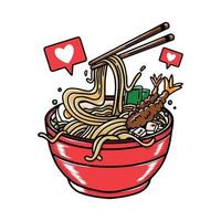 vektorillustration av läckra japanska ramen nudel på skål med vintage retro platt stil vektor