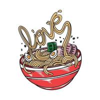 vektorillustration köstlicher japanischer ramen-nudeln auf schüssel mit retro-flachem stil der weinlese vektor