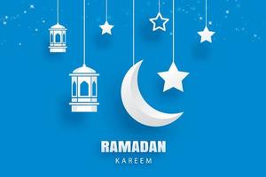 ramadan kareem gratulationskort månen och stjärnor traditionella lyktor bakgrund. eid mubarak papperskonst banner illustration design. använd för islamisk flygblad, affisch, broschyr, försäljning. vektor
