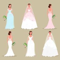 Reihe von Bräuten in wunderschönen Kleidern und Frisuren mit Blumensträußen in den Händen. vektorillustration von flachen karikaturen vektor