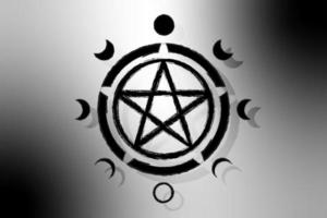 Pentacle-Kreissymbol und Mondphasen. Wicca-Symbol, Vollmond, abnehmend, zunehmend, erstes Viertel, Halbmond, Halbmond, drittes Viertel. Vektor mystisches Grunge-Logo isoliert auf Hintergrund mit Farbverlauf