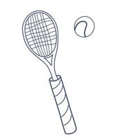 Tennisschläger und Ball. Badminton- oder Tischtennisschläger. Strichzeichnungen für Sportgeräte. Vektorhand zeichnen Gekritzelillustration, die auf dem weißen Hintergrund lokalisiert wird. vektor