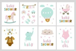 baby shower kort set med element, elefant, leksak, mjölk, baby, flaska, strumpa, stjärna. vektor illustration
