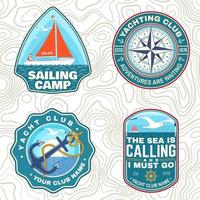 Set Sommer-Segelcamp-Patches. Vektor. konzept für hemd, stempel oder t-stück. Vintage-Typografie-Design mit Seeankern, Handrad, Segelboot und Seilknoten-Silhouette. Ozean-Abenteuer. vektor