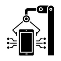 Glyphen-Symbol für die Elektronikindustrie. Smartphone- und Tablet-Produktion. Gadget-Entwicklung. Fabrik für elektronische Geräte. Hardware-Reparatur. Silhouettensymbol. negativer Raum. vektor isolierte illustration