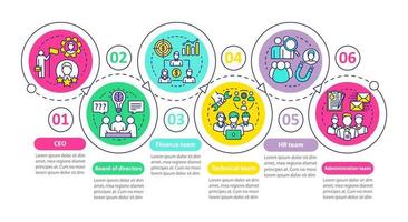 Infografik-Vorlage für Mitarbeiter des Unternehmens. Geschäftsführer, Vorstand. Gestaltungselemente für Geschäftspräsentationen. Datenvisualisierung mit sechs Schritten. Diagramm der Prozesszeitleiste. Workflow-Layout mit linearen Symbolen vektor