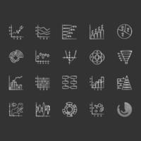 Kreidesymbole für Diagramme und Grafiken festgelegt. Kuchen, Venn-Diagramm. horizontales, vertikales Histogramm. Flächendiagramm. Pareto-Kurve. Temperaturkarte. Polaruhr. Streudiagramm. isolierte vektortafelillustrationen vektor