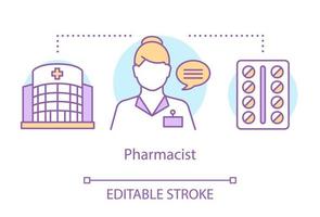 Symbol für das Apothekenkonzept. Apotheker, Experte für Arzneimittelforschung Idee dünne Linie Illustration. Beruf in der Pharmazie, Pharmakologie. Krankenhausangestellter. Vektor isoliert Umrisszeichnung. editierbarer Strich