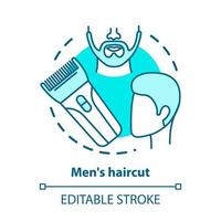 Männer Haarschnitt blau Konzept Symbol. friseursalon idee dünne linie illustration. Haarpflege und Behandlung. Friseursalonausrüstung, Friseurwerkzeuge. Vektor isoliert Umrisszeichnung. editierbarer Strich