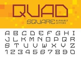 fyrkantiga ljusa alfabetet bokstäver och siffror, geometriska kvadratiska teckensnitt för teknik, futuristisk framtid. vektor