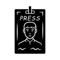 Drücken Sie das Pass-Glyphen-Symbol. Journalist, Reporterausweis. Presseausweis. Backstage-VIP-Eintrittserlaubnis, Konferenz-Eintrittskarte. Silhouettensymbol. negativer Raum. vektor isolierte illustration