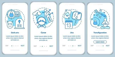 Dark Magic Onboarding Mobile App Seitenbildschirm mit linearen Konzepten. Verwandlung, Fluch Zauber Walkthrough Schritte grafische Anweisungen. hexerei ux, ui, gui-vektorvorlage mit illustrationen vektor