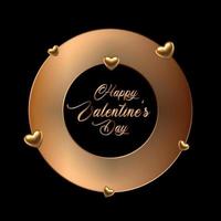 glad alla hjärtans dag guld rund cirkel kärlek hjärtan svart bakgrund vektor