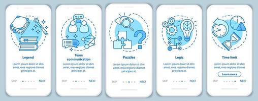 Escape Room türkisfarbener Onboarding-Bildschirm der mobilen App mit linearen Konzepten. Quest-Spiel. Teamarbeit, Logik. Fünf Walkthrough-Schritte mit grafischen Anweisungen. ux, ui, gui-vektorvorlage mit illustrationen vektor