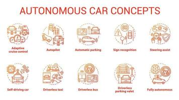 Symbole für autonome Autokonzepte festgelegt. Auto-Roboterfunktionen. Fahrerlose Fahrzeuge. elektronische technologie in der sicheren fahridee dünne linienillustrationen. Vektor isolierte Umrisszeichnungen. editierbarer Strich