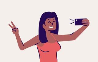 selfie pose platt vektorillustration. glad kvinna tar självfoto. leende flicka visar v-tecken för porträtt i smartphone. mobiltelefon fotografi isolerade seriefigur på grå bakgrund vektor