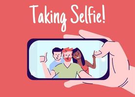 selfie flache vektorillustration nehmen. hand mit dem smartphone, das selbstfoto macht. freunde treffen sich bild. glückliche menschen porträtieren am telefon zeichentrickfigur mit umrisselementen auf rotem hintergrund