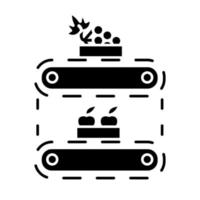 Glyphensymbol für die Obstproduktion. Äpfel und Trauben in Kisten auf Förderband. Bio-Lebensmittelversorgung. Lagerung, Lager, Terminal. Silhouettensymbol. negativer Raum. vektor isolierte illustration