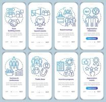företagseventhantering onboarding mobil app sidskärm med linjära koncept. företags specialevenemang planerare genomgångssteg grafiska instruktioner. ux, ui, gui vektormall med illustration vektor