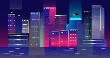 neon glöd byggnader landskap med helikopter. stadsarkitektur illustration vektor