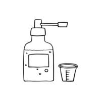 medizinische Flasche für flüssige Medizin mit Messbecher. Doodle-Stil, isoliertes medizinisches Element auf weißem Hintergrund