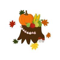 höstens frukter och grönsaker på en skogsstubbe. pumpa, majs, äpplen, päron, svamp, vitlök. vektor. i stil med handritning. vektor