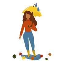 Herbst. ein Mädchen mit gelbem Regenschirm und Stiefeln. vektorillustration isoliert. vektor